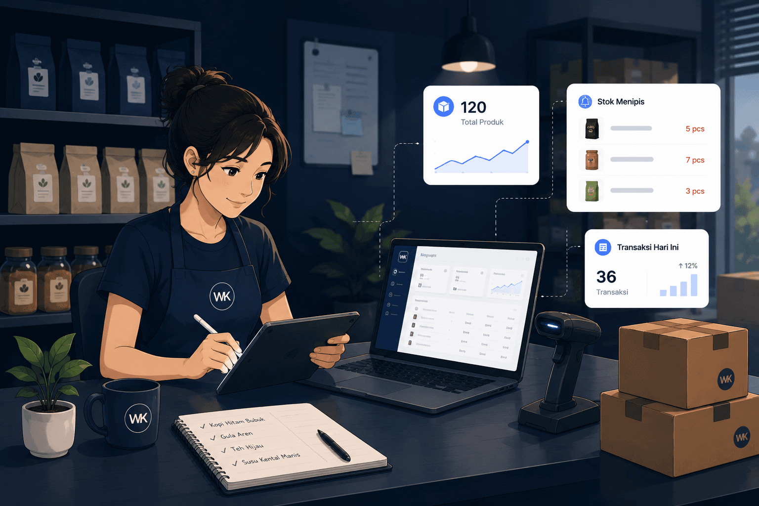 Ilustrasi manajemen stok dan pencatatan barang